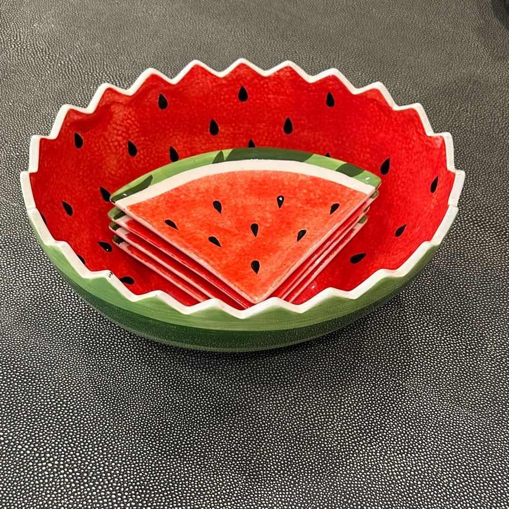 Pier 1 Imports Ceramic Watermelon Party Bowl and Plates Set